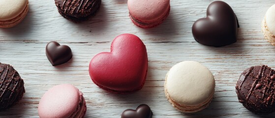Heart shaped macarons and assorted chocolate sweets on rustic white wooden surface top view