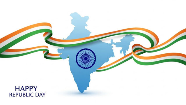 Indian republic day celebration with tricolor ribbon and map on white background with National Flag and Patriotism and Independence and Nationalism