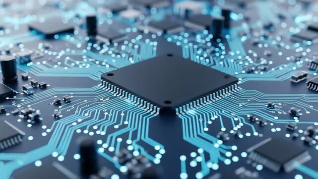 Close-up of a modern computer chip with glowing blue connections, showcasing technology.