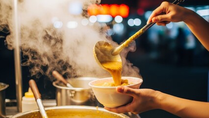 Traditional soup preparation with steam rising from large pot at night food stall