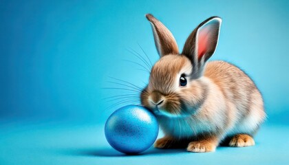 Obraz premium Adorable Easter Bunny with a Blue Egg on a Vibrant Blue Background.
