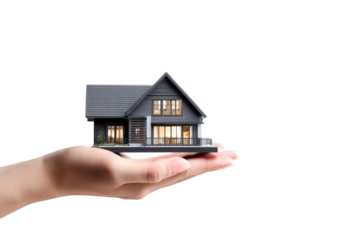 Modern house model in hand isolated on transparent background