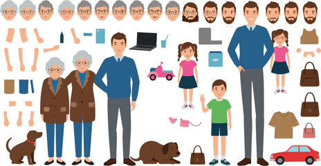 Family character creation and customization icons set illustrating parents, children, grandparents, pets, clothing options, accessories, and everyday lifestyle elements for animation and design