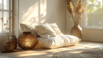Serene home corner with floor pillows and warm sunlight for slow living and mindfulness concept