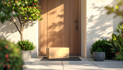 Modern wooden front door with bench and green plants at house entrance for architecture design concept
