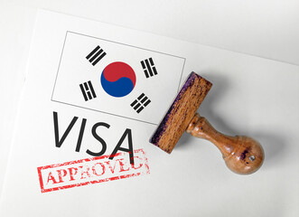 South Korea Visa Approved with Rubber Stamp and flag
