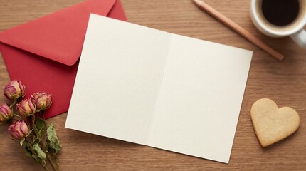 Romantic Valentine's Day setup with blank card and heart shaped cookie