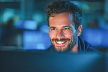 A smiling man with a beard looks at a computer screen, illuminated by soft blue light, conveying focus and positivity in a modern work environment.