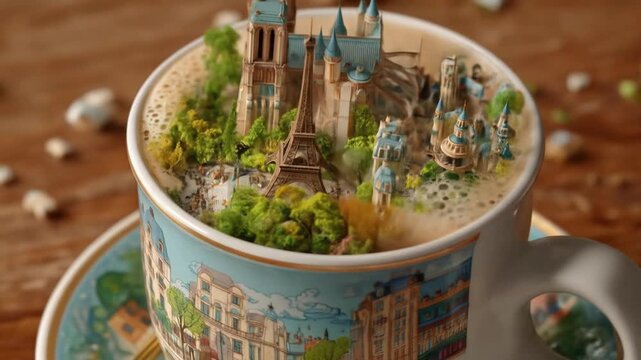 Miniature cityscape inside a coffee cup creative art design concept