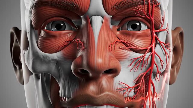 Anatomical human face study detailed render of muscles vessels and bones