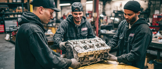 Three mechanics collaborate to lift an engine block in a workshop, showcasing teamwork and technical skill in an industrial environment.