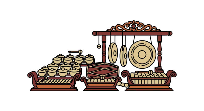 Traditional Indonesian Gamelan musical instrument ensemble with ornate carved wood frames.