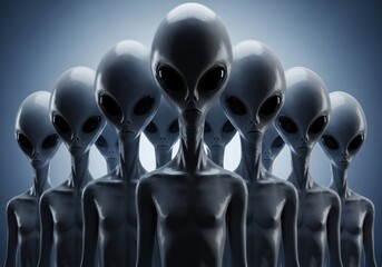 Group of futuristic alien creatures with large black eyes and grey skin standing in a row against a dark background