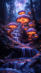 Fototapeta premium Glowing mushrooms and cascading waterfall create a magical forest landscape at twilight