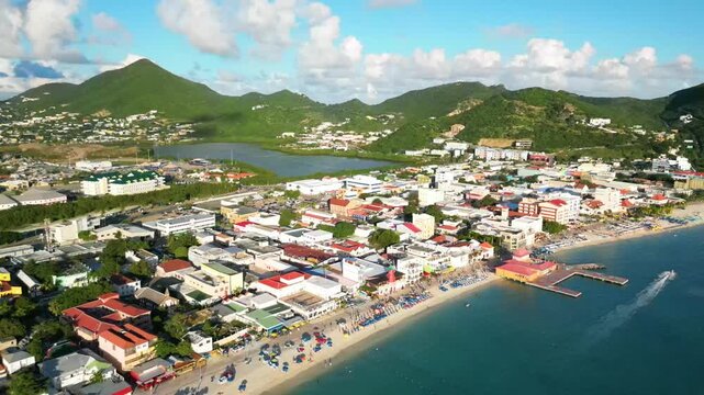 4K Aerial Drone Footage of Simpson Bay Beach, Lagoon and Green Hills in Sint Maarten, Caribbean