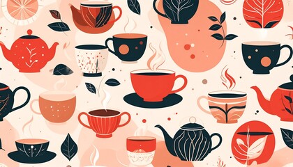 Vibrant tea cups and teapots in a warm cozy setting with steam rising