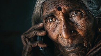Intense  portrait captures elderly woman with wrinkled face listening intently to a communication device