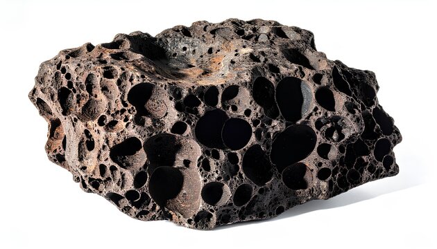 Dark porous volcanic scoria rock on white background