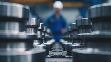 Precision machined metal components align in a row on an industrial production line