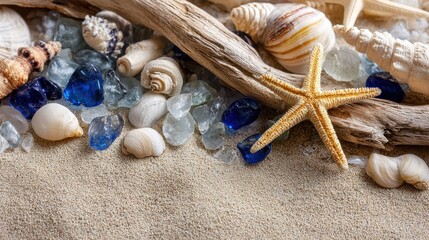 Assortment of natural beach elements including sea shells, driftwood, sea glass, and a starfish rests upon fine sand.