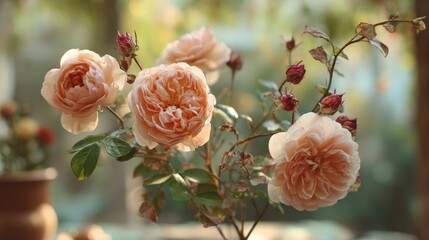 Softly illuminated antique roses bloom delicately indoors with a blurred natural background