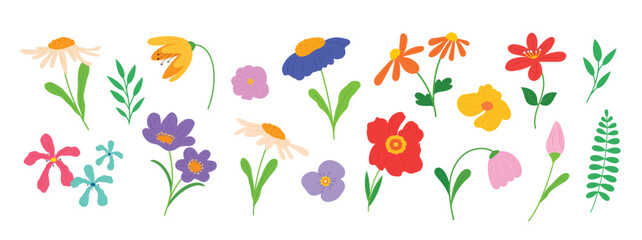 Fototapeta premium A flat vector collection of various spring flowers and botanical leaves in vibrant colors isolated on a white background.