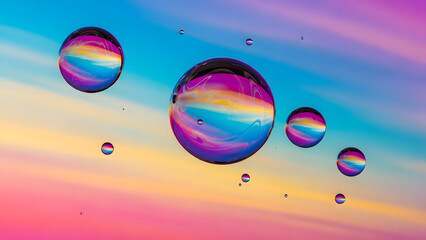 Naklejka premium Vibrant bubbles float in colorful sunset sky with rainbow hues