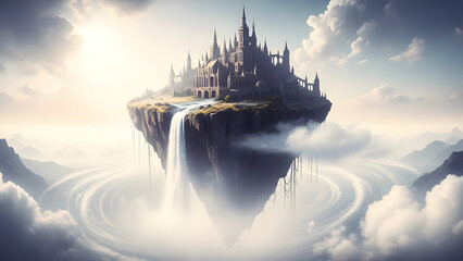 Majestic floating castle with cascading waterfalls surrounded by swirling clouds, set against a bright, sunlit sky