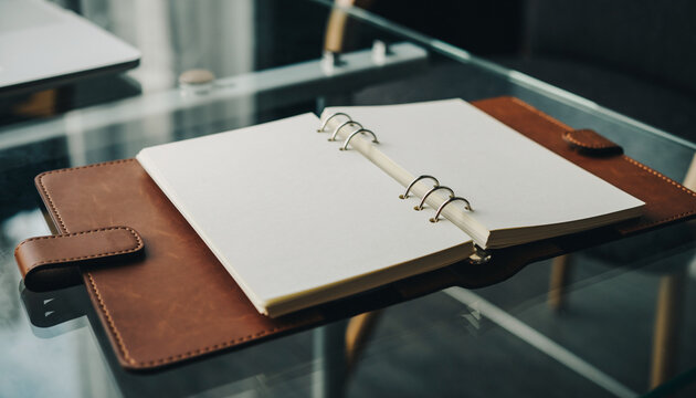 Luxury leather bound notebook on modern glass table