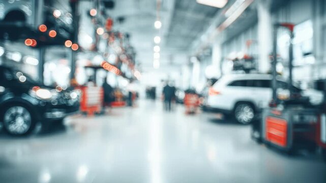 Automobile repair service center with out of focus backdrop. Car service center, blurred no focus background auto on lift, mechanics working in the garage. Defocused auto workshop, blur. Banner.