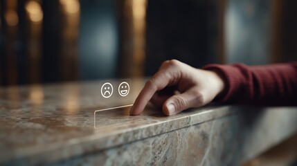 Hand pressing virtual customer feedback icons. Close-up of fingers on table surface, digital interface with sad and happy symbols. Service rating concept.