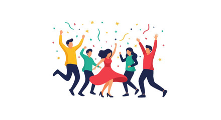 Diverse group of people joyfully dancing and celebrating under confetti.