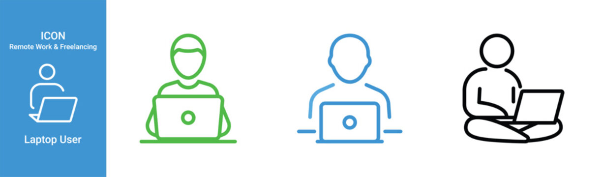 remote work freelancer laptop user outline icon set for business and home office