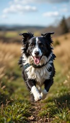 Energetic Border Collie Running on Grassy Path in Rural Landscape &ndash; Playful Dog and Outdoor Pet Photography