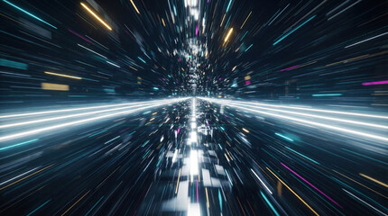 Abstract motion blur of digital data flowing on a virtual racetrack. Prismatic light leaks