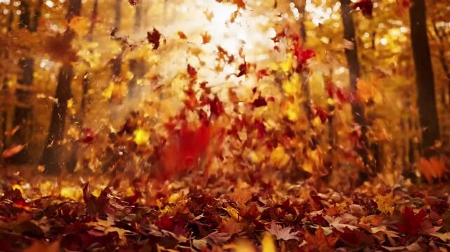 Golden Vortex in Woodland Path Medium shot of a circular motion of vibrant autumn leaves on a sun-dappled forest path, showcasing a natural phenomenon. autumn