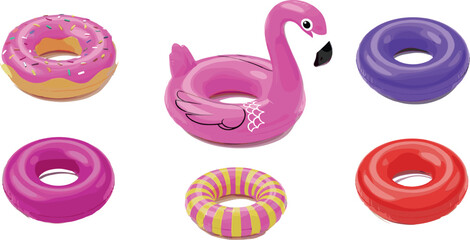 Inflatable pool float vector set with flamingo ring and colorful swim donut floats in glossy flat cartoon illustration style isolated on white background