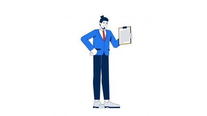 Confident supervisor in suit holding clipboard document 2D character animation. Corporate office worker. Caucasian male business manager animated person cartoon 4K video isolated on white transparent - Powered by Adobe