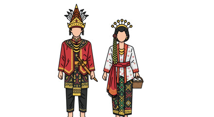 Traditional Indonesian Couple in Ornate Cultural Attire Illustration.