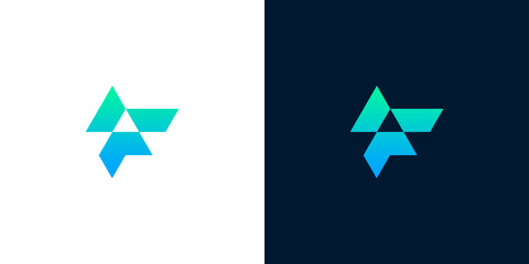 Abstract geometric letter F logo design with vibrant blue and green gradient, suitable for tech or corporate branding