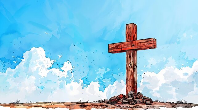 Cross at Sunset with Dramatic Pink and Blue Sky