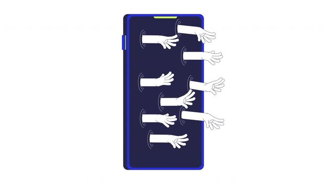 Smartphone screen with grabbing hands reaching outward 2D animation. Digital addiction. Mobile technology obsession temptation animated object cartoon flat concept metaphor 4K video isolated on white