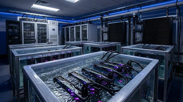 Immersion cooled data farm with multiple submerged computation units running in fluid mining rig setup.