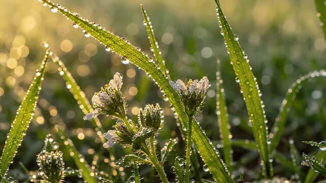 Golden Hour Glimmer The warm, low-angle light of the rising sun catching the dew, creating stunning flares and specular highlights. spring dew sparkle