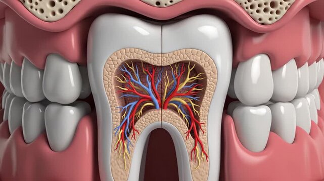Anatomical illustration of a human tooth structure with nerves and tissues