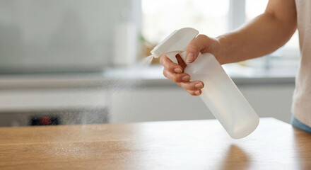 Hand spraying cleaner on wooden surface for daily home hygiene, ensuring a fresh and disinfected living area