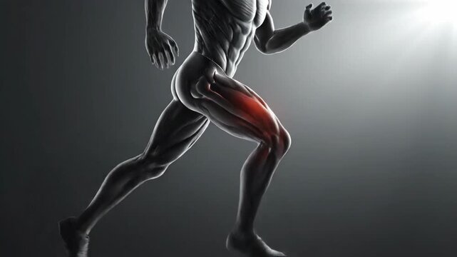 Anatomical illustration of a runner with highlighted muscle and ligament