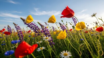 Vibrant summer wildflower meadow under a bright blue sky with fluffy white clouds, featuring red poppies, yellow buttercups, purple lupines, and white daisies in full bloom