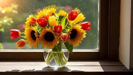 Vibrant bouquet of sunflowers and tulips on sunlit window sill, bright morning light filtering through glass, creating warm reflections on rustic wooden surface