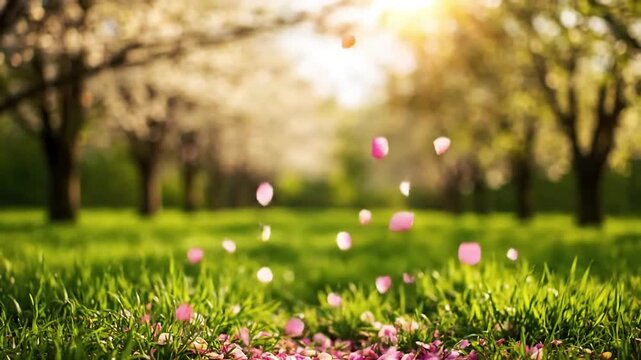 Spring Breeze Vortex A wide shot capturing a vibrant swirl of various spring flower petals carried by a gentle breeze across a lush green landscape. spring peta